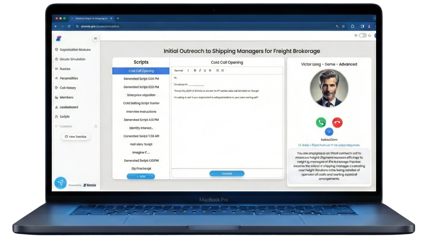 Simmie AI sales coaching platform interface on laptop